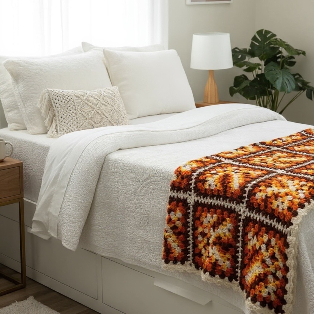 Vintage 70’s Handmade Crocheted Granny Square Throw Blanket